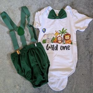Wild One Jungle Theme Kids Matching Set - Green and White